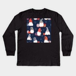 Christmas Gnomes with Snowflakes and Presents on Midnight Blue Kids Long Sleeve T-Shirt